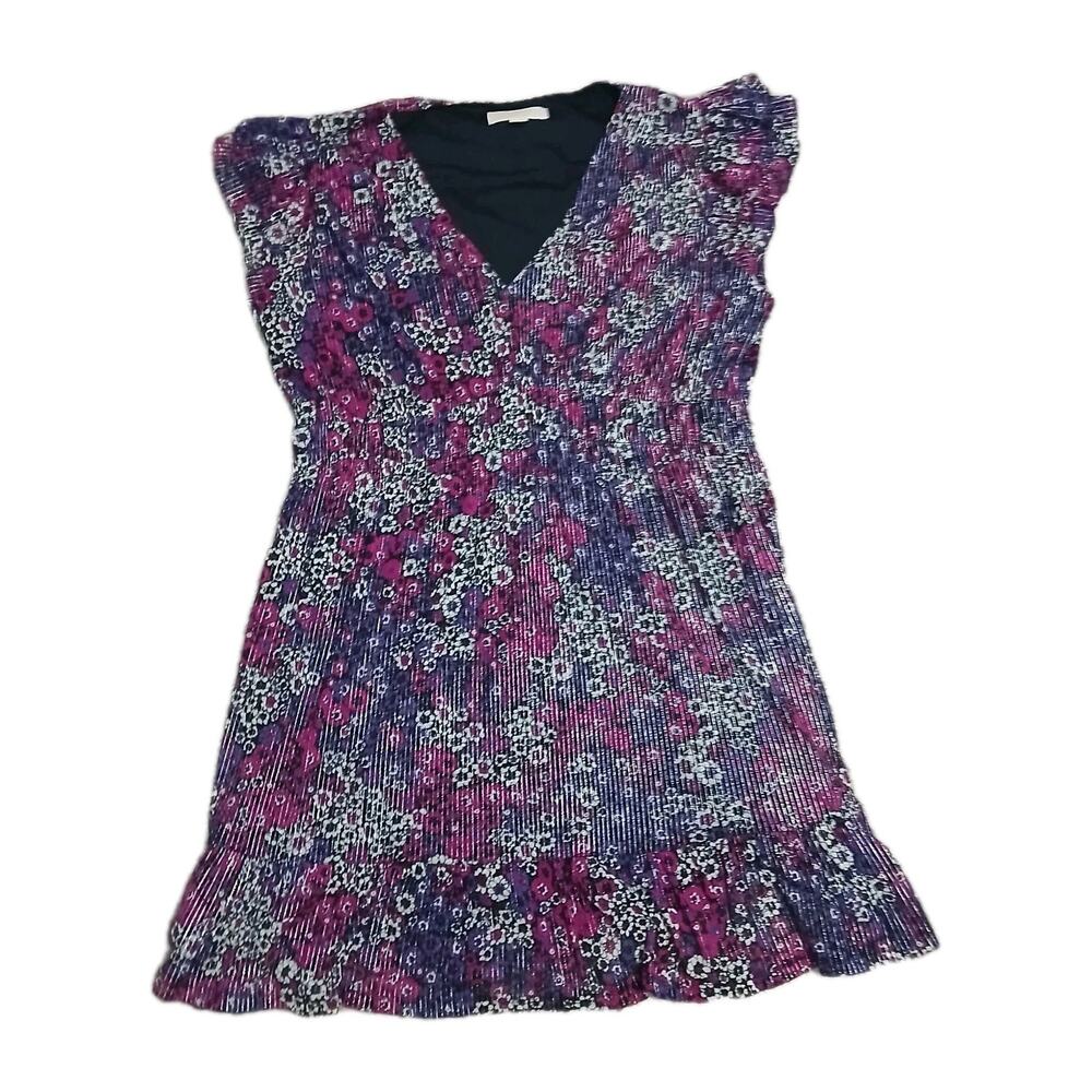 Michael Michael Kors‎ Womens Dress XXL Purple Floral Pleated Ruffle Hem V-Neck